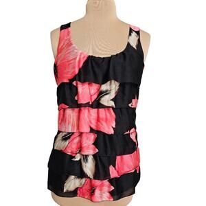 White House Black Market Black Pink Tiered Ruffled Tank Top Blouse Large Fairy
